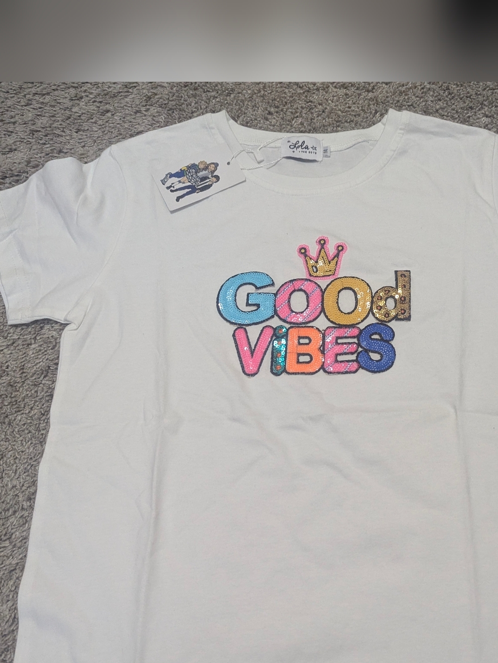 Lola + The Boys White Tee with Multicolor 'Good Vibes' Sequin Graphic